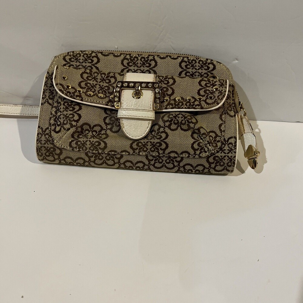 Kathy Van Zeeland brown & white purse - 5" x 8.5" with 18" strap